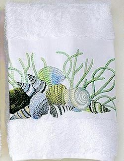 Blue Shells & Coral Embroidered Bath Towels