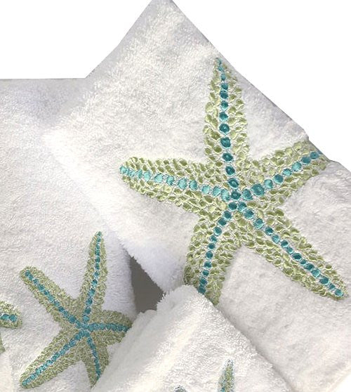 Blue Starfish Shell White Hand Towels Bathroom Set of 2 Beach