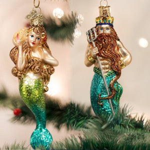 King Neptune & Mermaid Blown Glass Ornaments - Nautical Luxuries