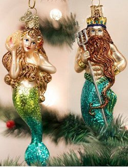 King Neptune & Mermaid Blown Glass Ornaments - Nautical Luxuries